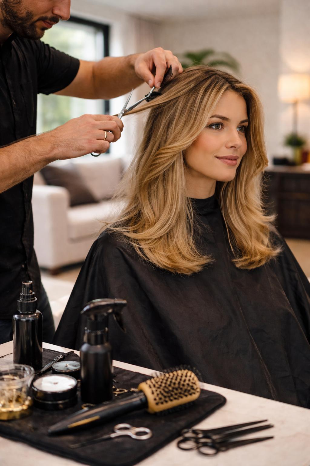 Damenhaarschnitt mit Styling in heller, gepflegter Umgebung